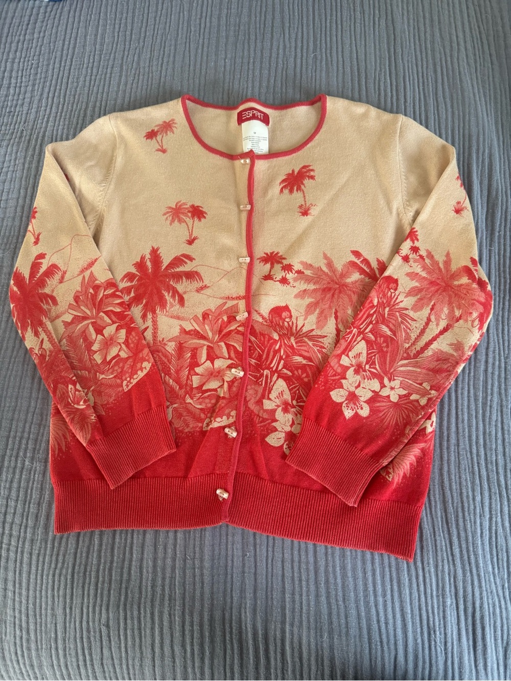 Rare Vintage Esprit 90s Y2K Tropical Scenic Cardigan Ramie Cotton M